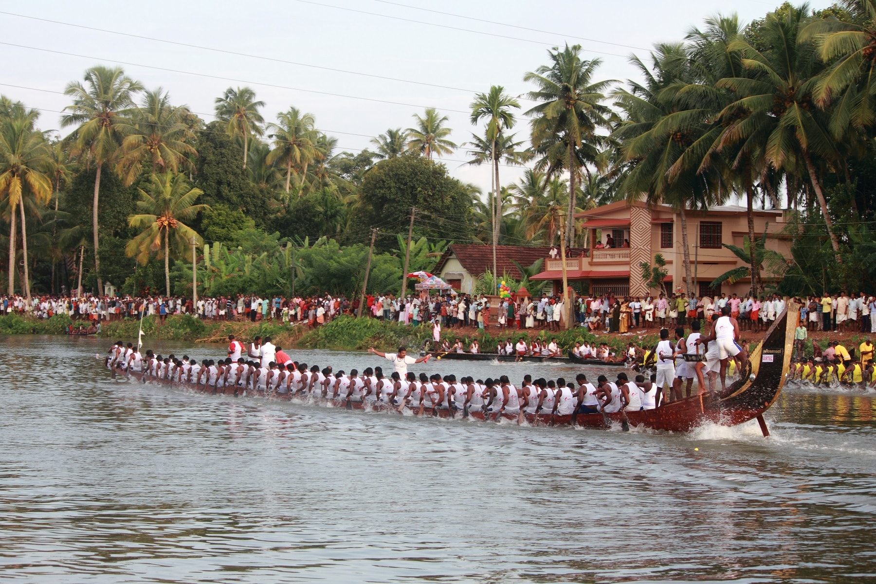 People cheer the boats from the riverbanks