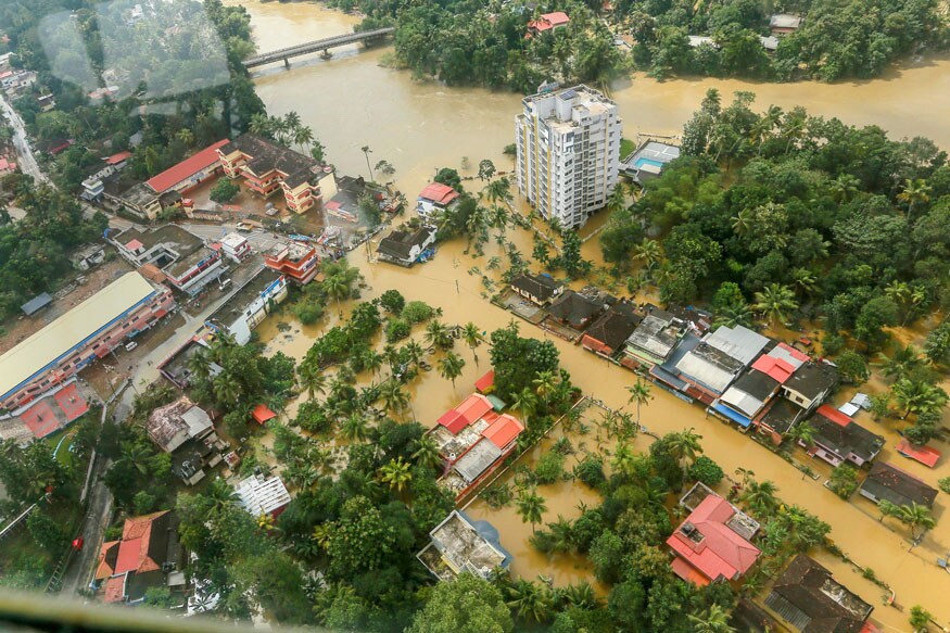 Aerial view of partially submerged houses in Kerala