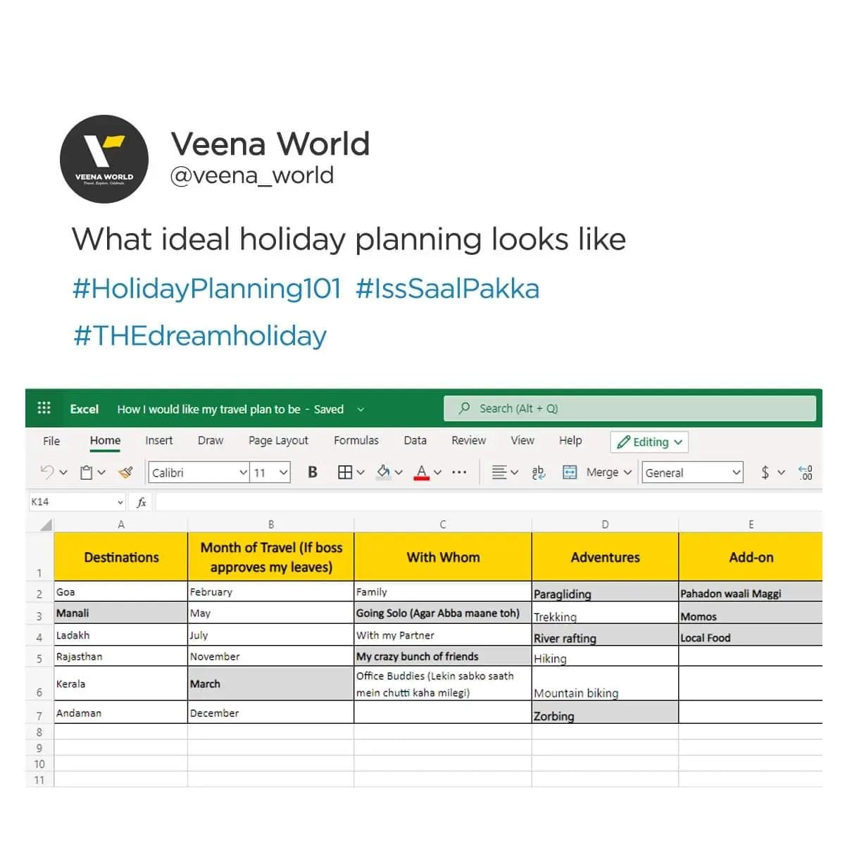 Tag a friend who can literally plan anything and everything on excel.. 😂#excel#planning#veenaworld